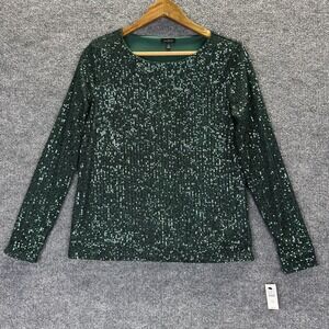 Talbots Blouse Womens XS Green Sequin Long Sleeve Lined Stretch Party Top